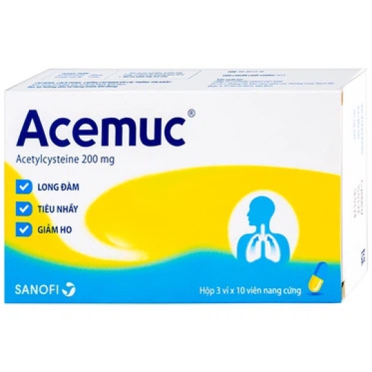 Thuốc Acemuc 200mg Sanofi trị các rối loạn về tiết dịch đường hô hấp (3 vỉ x 10 viên)