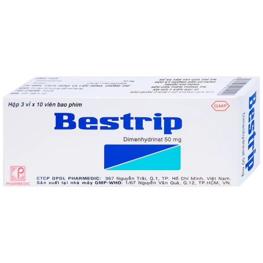 Thuốc Bestrip 50mg Pharmedic điều trị các chứng buồn nôn, say tàu xe (3 vỉ x 10 viên)