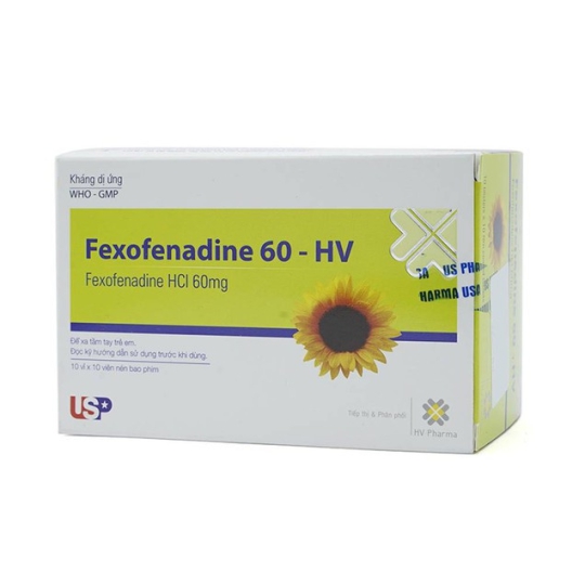 Thuốc Fexofenadine 60mg HV US Pharma điều trị hắt hơi, chảy mũi, ngứa mũi (10 vỉ x 10 viên)