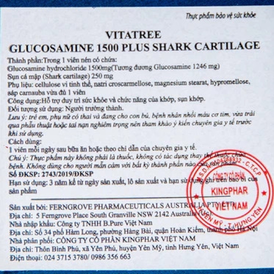 Viên uống Vitatree Glucosamine 1500 Plus Shark Cartilage hỗ trợ duy trì sức khỏe và chức năng của khớp, sụn khớp (100 viên)