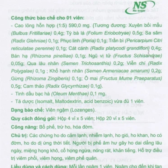 Viên ngậm Bảo Thanh không đường Hoa Linh bổ phế, trừ ho, hóa đờm (20 vỉ x 5 viên)