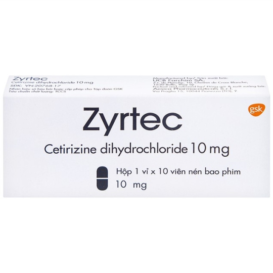 Thuốc Zyrtec 10mg GSK hỗ trợ điều trị mày đay, viêm mũi dị ứng (1 vỉ x 10 viên)