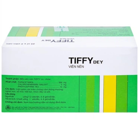 Thuốc Tiffy Dey điều trị cảm cúm, nghẹt mũi, sổ mũi (Hộp 25 vỉ x 4 viên)