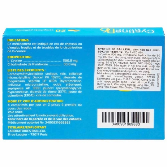 Thuốc Cystine B6 500mg Galeniques Vernin hỗ trợ mọi vấn đề bệnh lý liên quan đến tóc (20 viên)