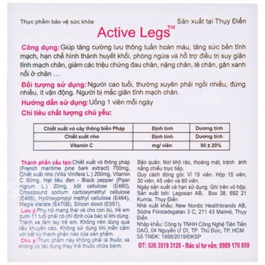 Viên uống Active Legs New Nordic phòng ngừa và hỗ trợ điều trị suy giãn tĩnh mạch chân (15 viên)