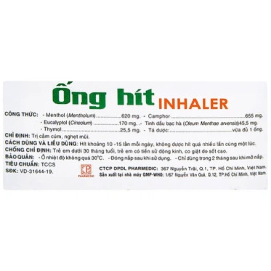 Ống hít Inhaler Pharmedic điều trị cảm cúm, nghẹt mũi (5 ống)