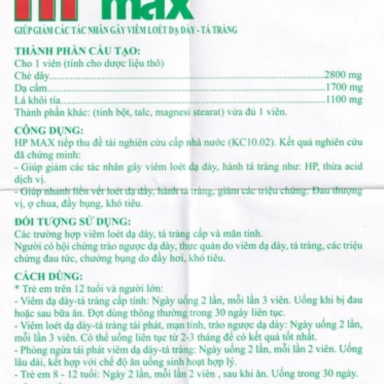 Viên uống HP max Vinacom giúp giảm các tác nhân gây viêm loét dạ dày - tá tràng (60 viên)