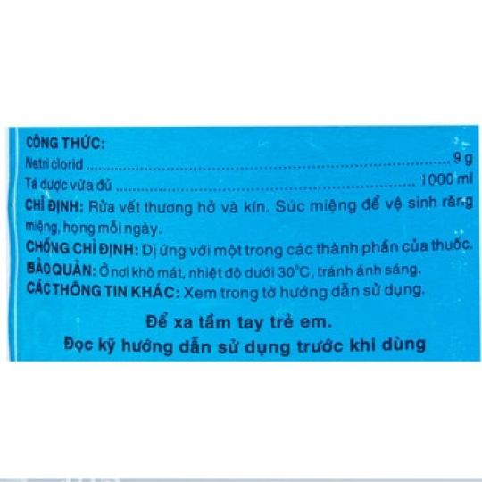 Dung dịch vô trùng Natri Clorid 0.9% Dược 3-2 rửa vết thương hở và kín, súc miệng (1000ml)