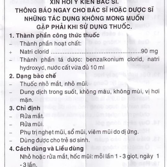 Dung dịch nhỏ mắt, mũi Efticol Natri Clorid 0.9% Dược 3-2 hỗ trợ rửa mắt, mũi (10ml)