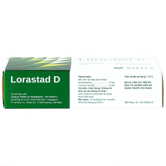 Thuốc Lorastad D 5mg Stella hỗ trợ điều trị viêm mũi dị ứng, mề đay (3 vỉ x 10 viên)