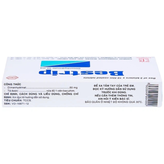 Thuốc Bestrip 50mg Pharmedic điều trị các chứng buồn nôn, say tàu xe (3 vỉ x 10 viên)