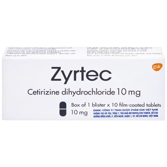 Thuốc Zyrtec 10mg GSK hỗ trợ điều trị mày đay, viêm mũi dị ứng (1 vỉ x 10 viên)