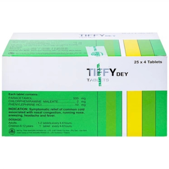 Thuốc Tiffy Dey điều trị cảm cúm, nghẹt mũi, sổ mũi (Hộp 25 vỉ x 4 viên)