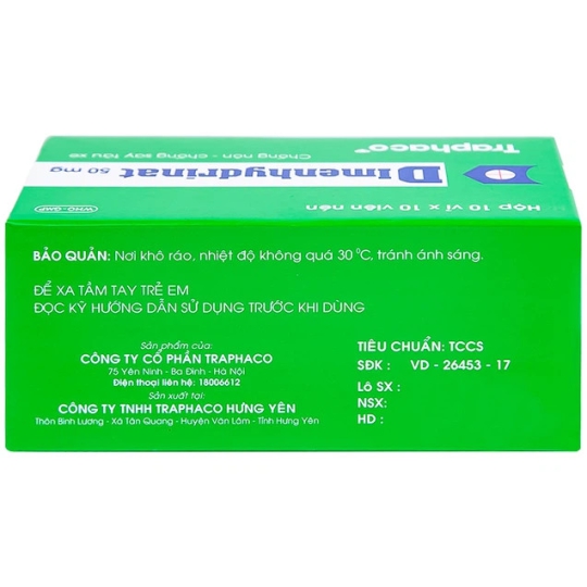 Thuốc Dimenhydrinat 50mg Traphaco chống nôn, chống say tàu xe (100 viên)