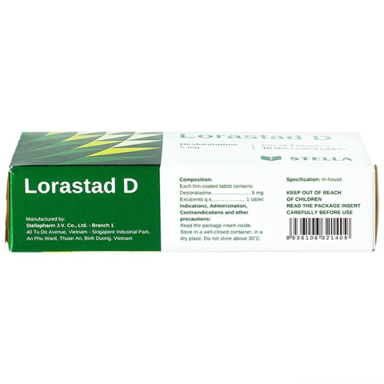 Thuốc Lorastad D 5mg Stella hỗ trợ điều trị viêm mũi dị ứng, mề đay (3 vỉ x 10 viên)