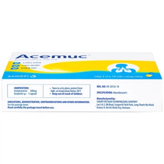 Thuốc Acemuc 200mg Sanofi trị các rối loạn về tiết dịch đường hô hấp (3 vỉ x 10 viên)