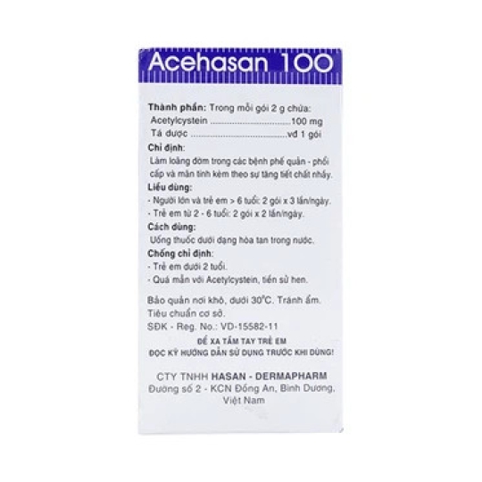 Thuốc Acehasan 100mg Hasan làm loãng đờm trong bệnh viêm phế quản (30 gói)