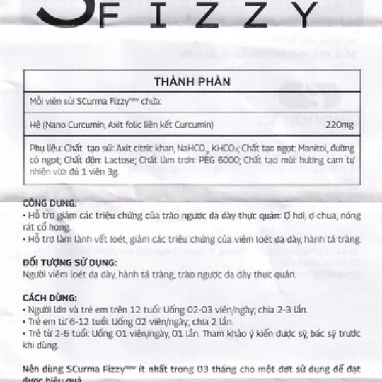 Viên sủi Scurma Fizzy Nano Curcumin cải thiện triệu chứng trào ngược dạ dày, viêm loét dạ dày tá tràng (20 viên)