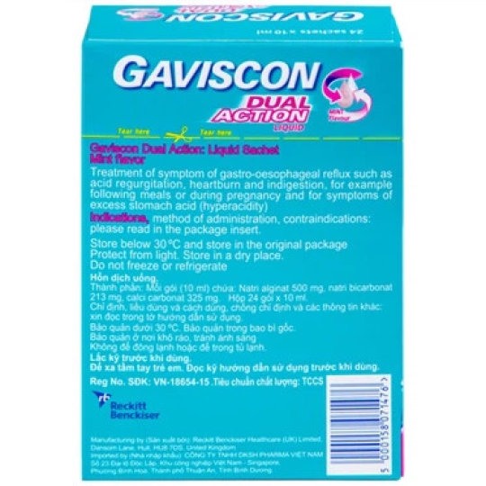 Thuốc Gaviscon Dual Action hồng Reckitt Benckiser trị ợ nóng, ợ chua, khó tiêu (24 gói x 10ml)