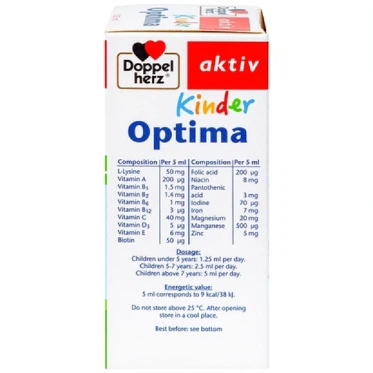 Dung dịch Kinder Optima Doppelherz Aktiv cung cấp L-lysine, một số vitamin và khoáng chất (100ml)