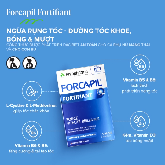 Viên uống ngừa rụng tóc, dưỡng tóc khỏe bóng mượt Arkopharma Forcapil Fortifiant (hộp 60 viên)