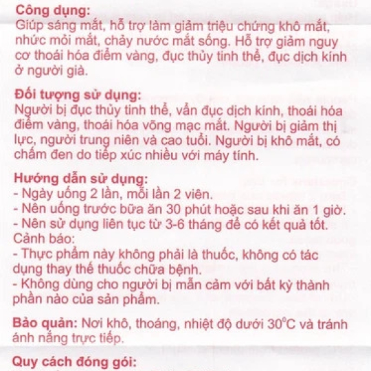 Viên uống Minh Nhãn Khang Hồng Bàng hỗ trợ điều trị thoái hóa điểm vàng, đục thủy tinh thể (30 viên)