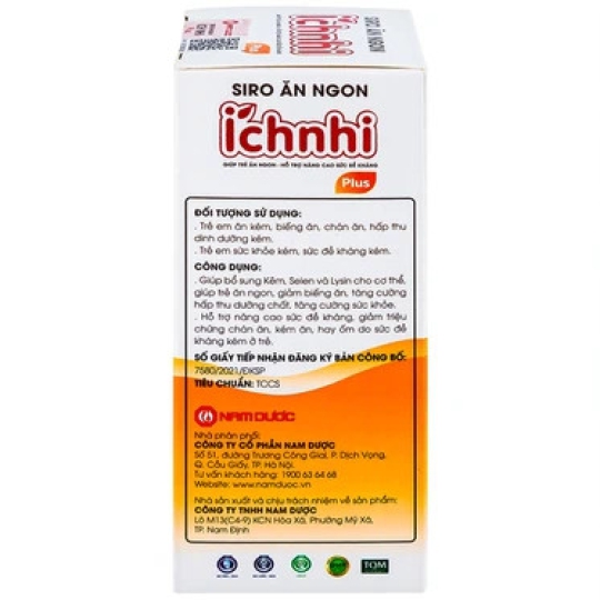 Siro Ích Nhi Plus Nam Dược bổ sung kẽm, seien và lysin giúp trẻ ăn ngon (100ml)