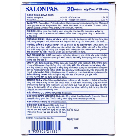 Cao dán Salonpas Hisamitsu hỗ trợ giảm đau, kháng viêm (20 miếng)